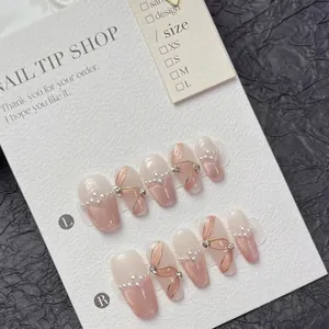 Handmade Press On Nails Pink Cat Eye Artificial Pearls Coffin Shape Elegant Romantic False Nails For Women
