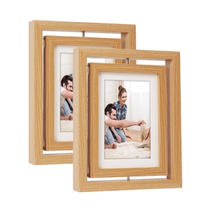 Rotating double-sided wooden photo frame with minimalist 360-degree swivel design