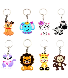 Detailed grid of 8 PVC soft rubber animal keychains featuring lions, elephants and giraffes