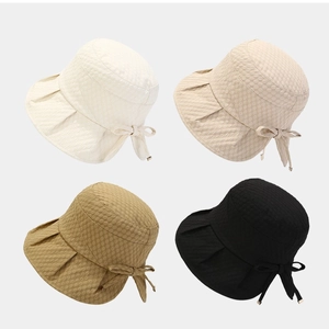 Women Sun Protection Bucket Hat Textured Bubble Fabric Bowknot Foldable Breathable Summer Beach Outdoor Elegance Fashion