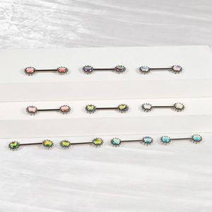 Colorful stainless steel nipple rings set with gradient iridescent sun flower gems