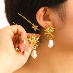 Baroque pearl drop earrings with 18k gold star pendants and matching hair pin for women