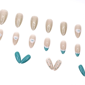 French style sweet heart press-on nails with blue and glitter almond shapes