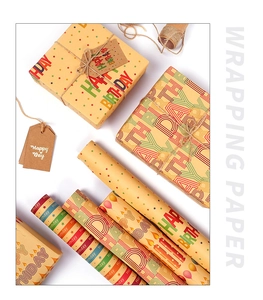 Detail view of Happy Birthday kraft wrapping paper sets with jute rope and gift tags