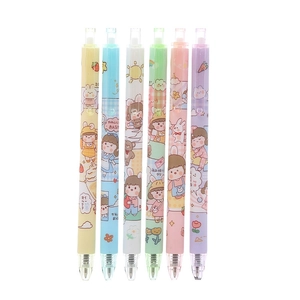 Set of 6 colorful retractable gel pens with cute cartoon designs on white background