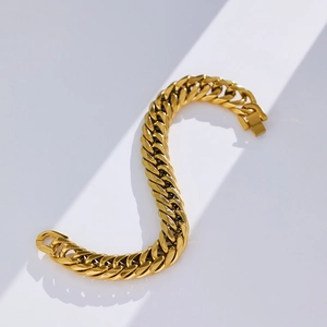 Bracciale cubano da uomo in acciaio inossidabile dorato con maglia spessa e lucida