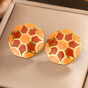 Luxurious 18K gold plated titanium steel soccer pattern enamel stud earrings for women