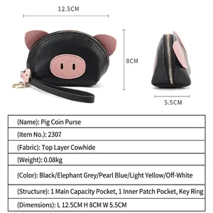 Cute pig-shaped top grain leather coin purse with zipper and key ring in five colors