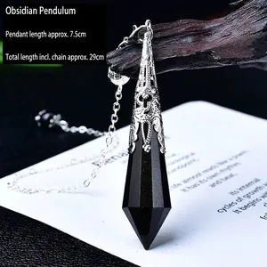 Natural black obsidian hexagonal prism pendulum necklace with silver floral cap and chain