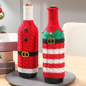 Festive Christmas wine bottle covers in red Santa style and green striped knit design