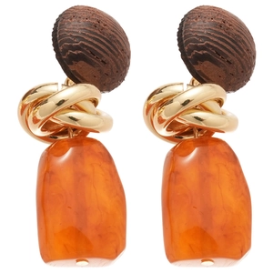 Boucles d'oreilles rétro avec bois, nœud en métal doré et pendentif en résine ambrée