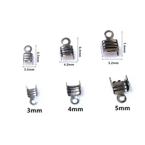 Three sizes of metal cord end crimps with detailed length and width measurements in mm