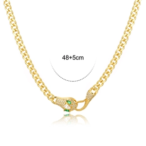 Gold Cuban chain necklace with a snake head clasp featuring micro-set CZ stones, 48+5cm long