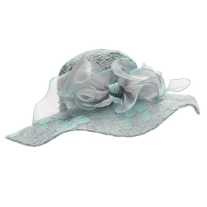 Elegant wide brim lace sun hat with organza floral ribbon detail for women