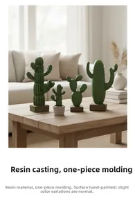 Detailed close-up of a four-piece resin cactus set on a wooden table in a cozy room