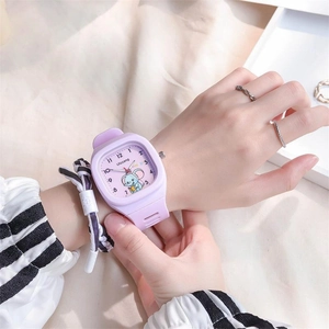 Close-up of a lavender silicone watch featuring a cute elephant design on square dial