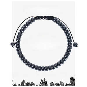 Hematite beaded bracelet on informative card with black adjustable woven strap