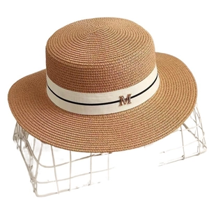 Chapeau de soleil français en paille à sommet plat avec ruban blanc et boucle en métal M
