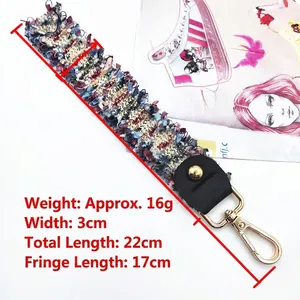 Colorful tweed woven wrist strap for bags and keys with gold lobster clasp and dimensions
