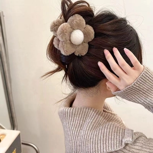 Winter plush khaki flower hair claw clip with soft faux fur texture for women