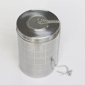 Detailed macro of SUS304 stainless steel tea infuser with mesh lid and metal chain hook