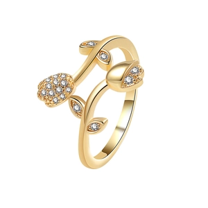 Elegant gold tulip open ring with zircon floral petals and leaf design for women
