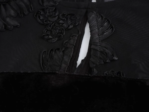 Detailed close-up of ribbon floral embroidery on black mesh and velvet evening dress