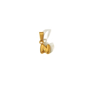 Detailed view of an 18k gold plated bubble initial N pendant with a polished finish