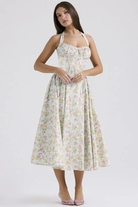 Detail of floral halter maxi dress with ruched drawstring chest and high waist line