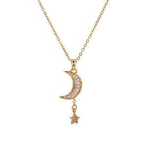 Golden moon and star tassel necklace with square zircon crystals on white background