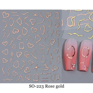 Detail of rose gold heart nail stickers SO-223 on pink gradient nails with pearls