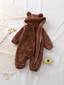 Brown plush bear ear hooded romper for infants made of soft warm fleece material