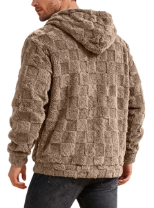 Detail view of men's brown fleece hoodie featuring a unique embossed checkerboard texture