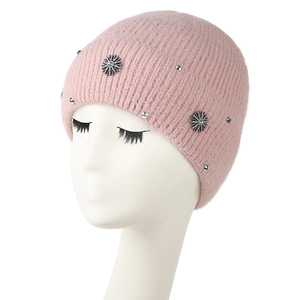 Pink rib-knit winter beanie for women with elegant silver floral rhinestone decorations