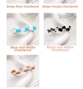 Detailed view of wave-shaped checkerboard hair clips in various candy color patterns