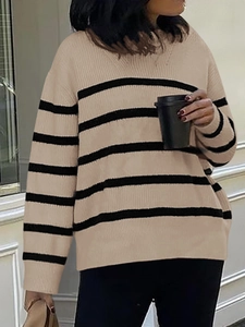 Women casual striped long sleeve knit sweater in beige and black for autumn fashion