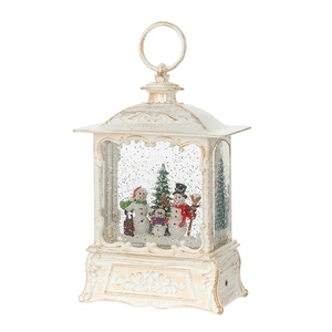 Retro white Christmas snow globe lantern with snowman family and sparkling glitter