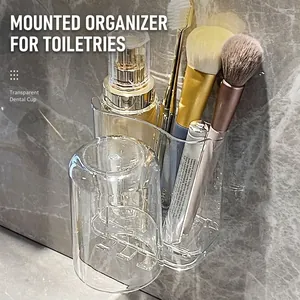 Wall-mounted transparent acrylic toothbrush holder with mouthwash cup and storage compartments
