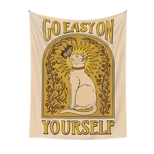 Bohemian cat tapestry with sun and flowers and Go Easy On Yourself slogan design
