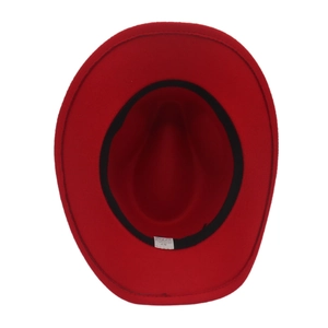 Detail view of cotton fedora interior with black sweatband and size 57 label