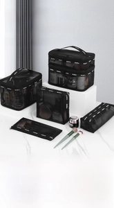Detailed view of black mesh travel storage bags with zippers and portable handles