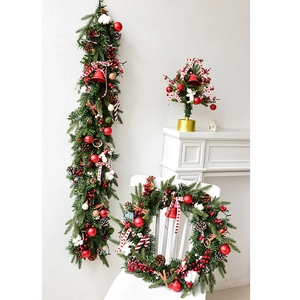 Noorse Luxe Kerstkrans Guirlande PE Bladeren Rode Bessen Dennenappels LED Verlichting Voor Open Haard Trap Decoratie