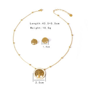 Detail view of tree of life jewelry set with dimensions for necklace and earrings