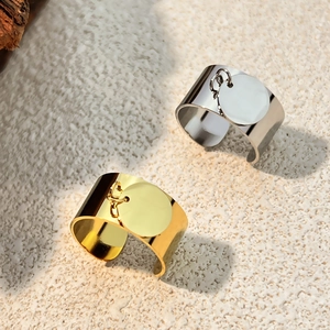 Minimalist wide open titanium steel rings with round charms in gold and silver finish