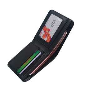 Men's vintage black fold wallet featuring multiple card slots and clear ID window