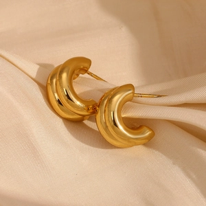 Boucles D'Oreilles Créoles En C À Double Couche Acier Inoxydable Plaqué Or Épaisses Géométriques Minimalistes Pour Femmes