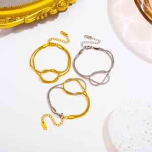 Two-tone stainless steel double layer snake chain bracelet with center knot for women