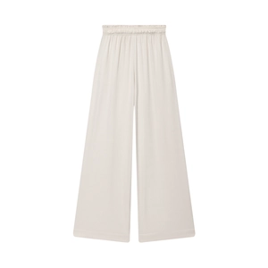 Detail of light beige wide-leg trousers featuring an elastic pleated waistband and soft texture