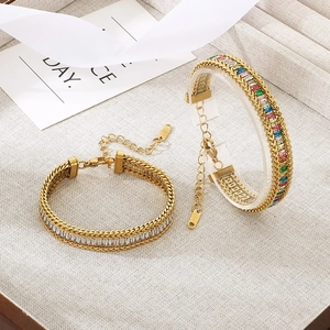 Stainless Steel Bracelet 18K Gold Plated Rectangular Colorful White Cubic Zirconia Adjustable Chain For Women Fashion