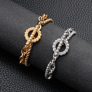 Minimalistisches Edelstahl-Schädel-OT-Schnalle-Doppelkettenarmband in Gold und Silber